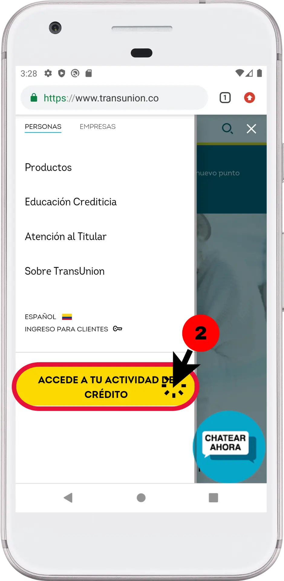 acceso boton parte derecha para ingreso a transunion cifin